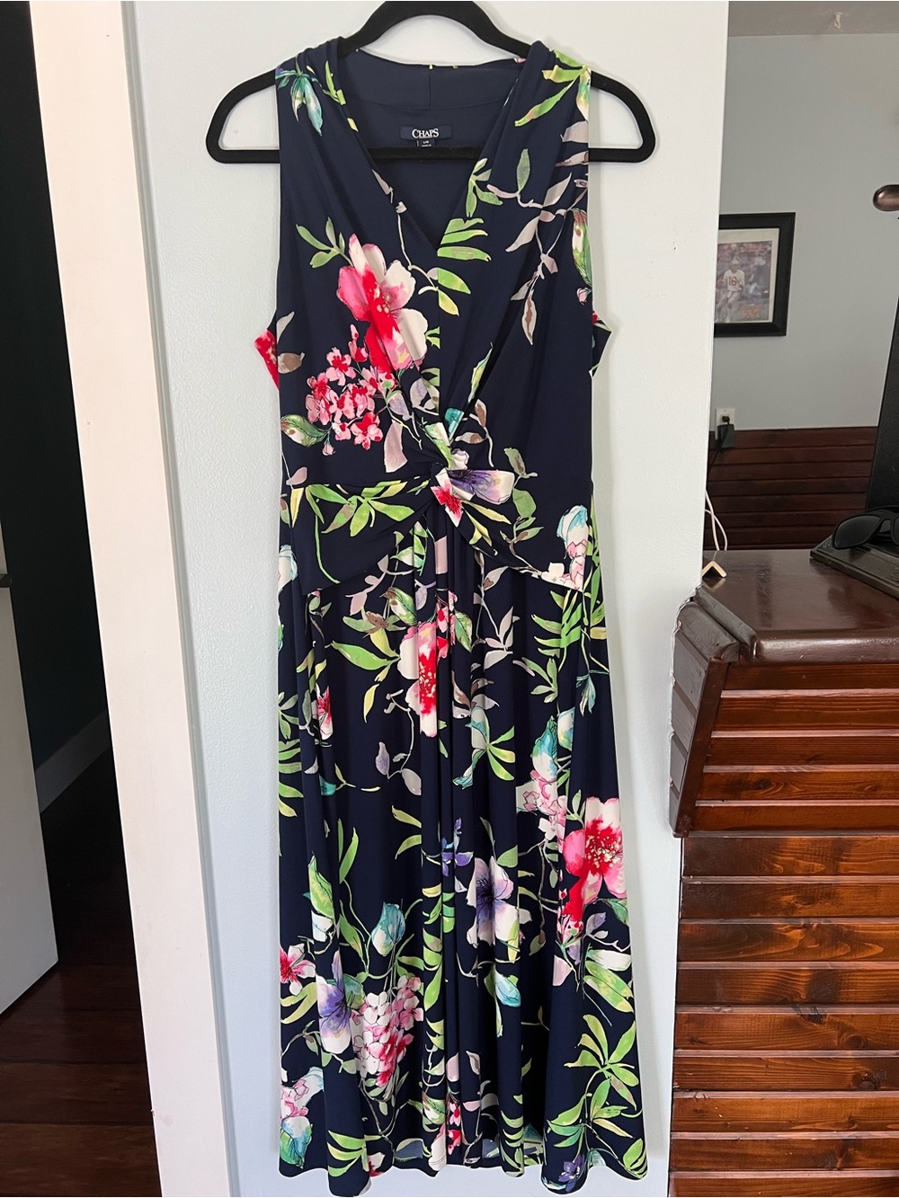 Chaps Navy Floral Knot-Front Maxi Dress with Pink & Green Accents
